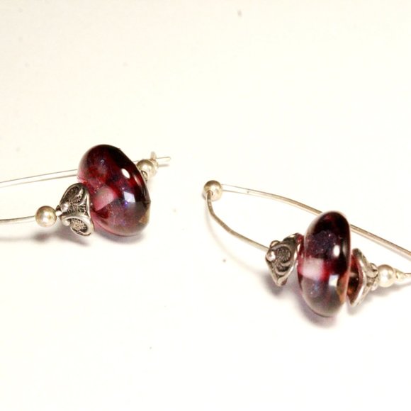 Sterling Silver Iridescent Cranberry Tumble Glass Long Dangle Earrings - Picture 2 of 8